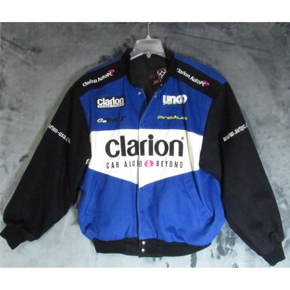 JH Designs Clarion Car Audio Racing Jacket Men's XL Blue Black White Nascar Rare